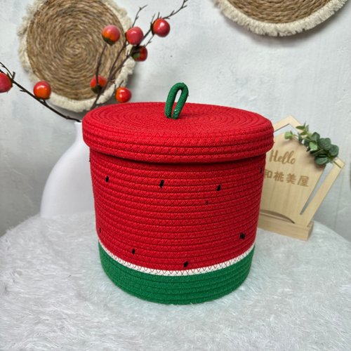 撞色款西瓜棉绳收纳筐家用玩具桌面编织收纳篮零食文具带盖收纳盒