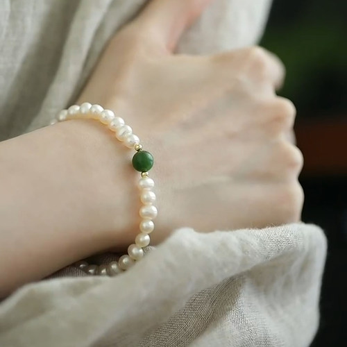 珍氏珠宝天然淡水珍珠手链女 S925银法式轻奢高级感和田碧玉手串