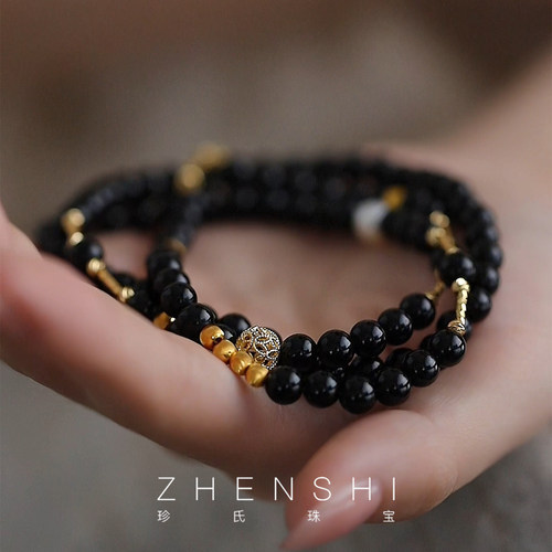 珍氏珠宝天然黑曜石珍珠项链