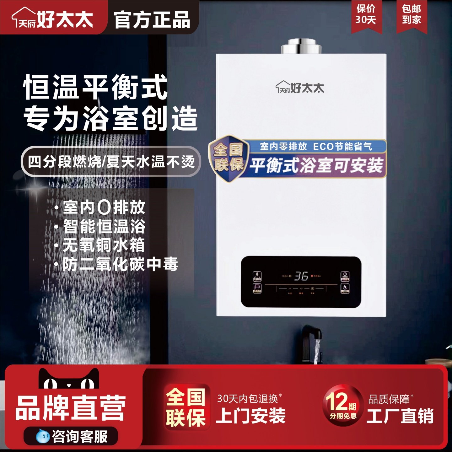 天府好太太燃气热水器JSG平衡式浴室洗澡天然气4分段恒温12升