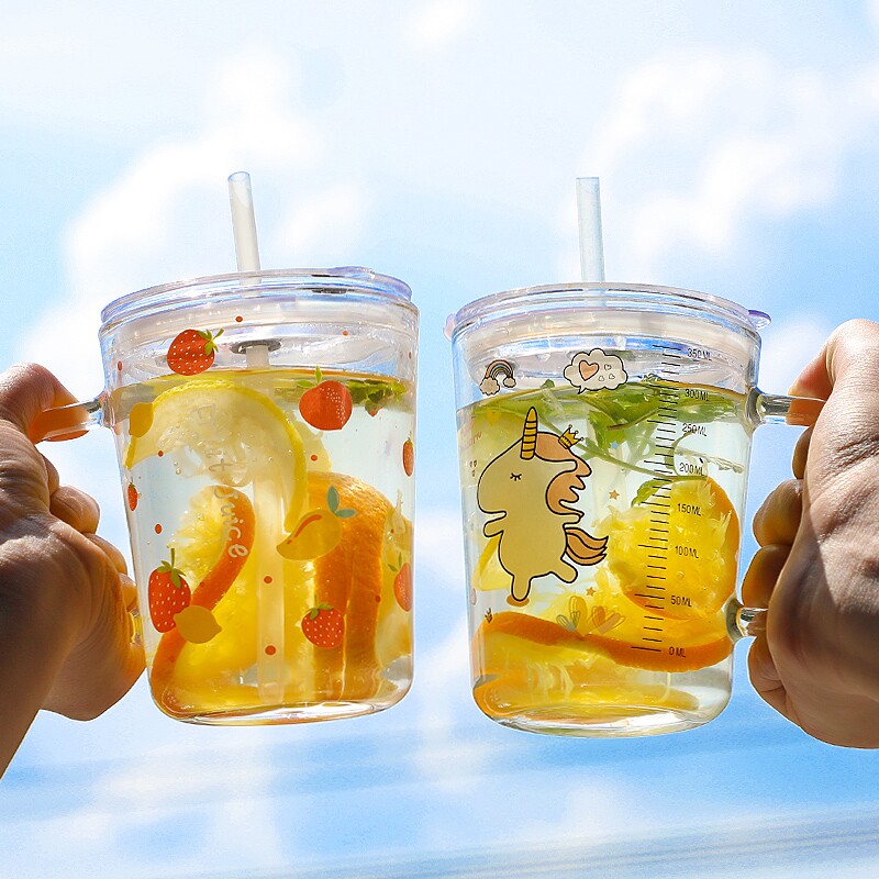 防摔喝水牛奶杯带刻度家用微波加热宝宝喝奶高颜值钢化玻璃吸管杯