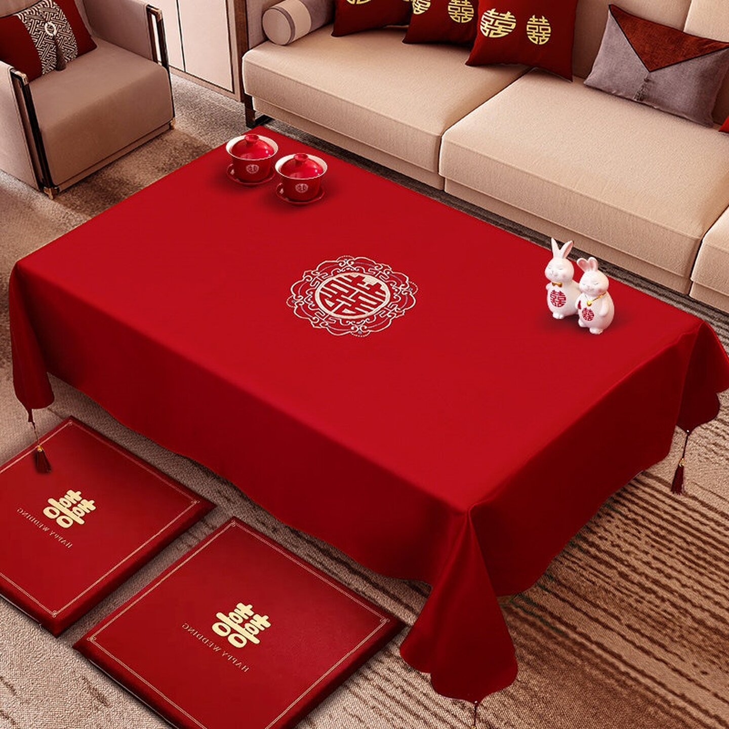 结婚红色茶几桌布喜字订婚新婚台布婚礼婚房布置套装果盘装扮组合