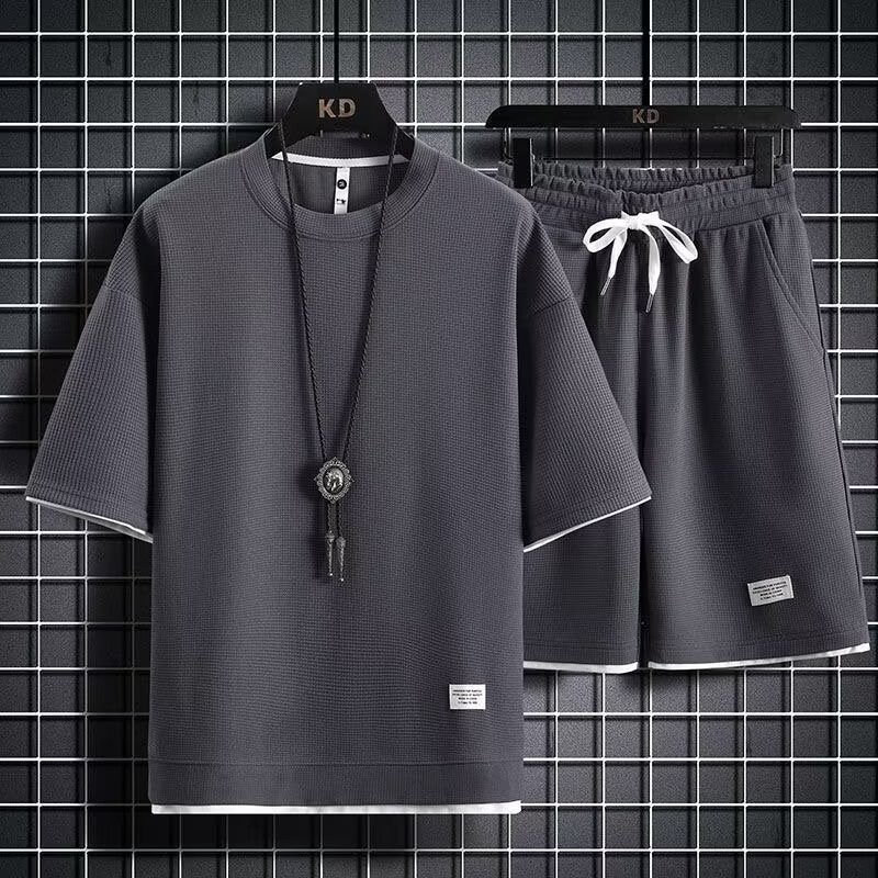 JHY/君鸿月休闲运动套装男夏季冰感潮流宽松短袖短裤一套衣服帅气