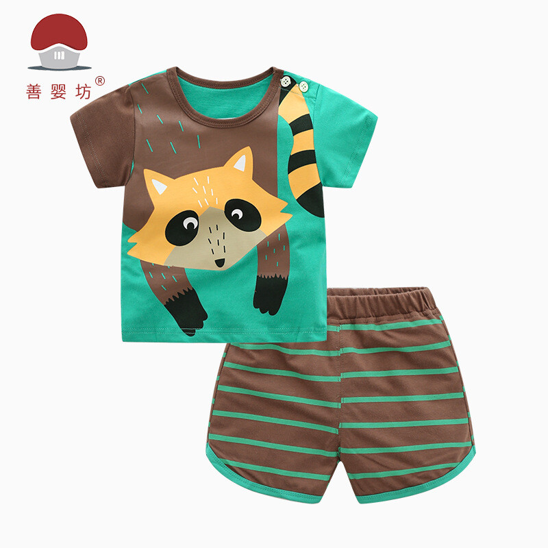 君鸿月宝宝夏季套装卡通浣熊可爱两件套1-4岁男童衣服外出短裤纯