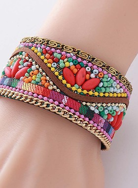 民族风彩色米珠宽版手镯女