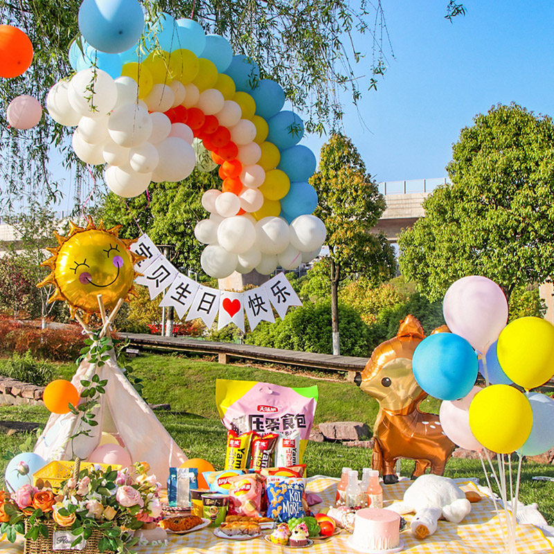 户外生日派对装饰布置野外露营野餐聚会场景背景气球装扮套装