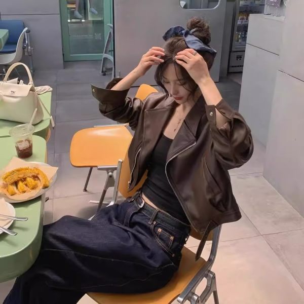 咖色pu皮衣外套女短2025秋季