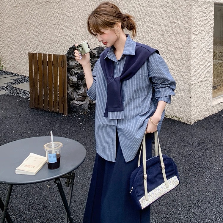 韩版文艺范披肩条纹衬衫套装