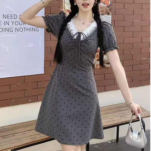 大码法式灰色波点连衣裙女夏季