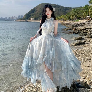 法式气质超仙荷叶边挂脖连衣裙女夏季海边度假风不规则网纱套装女