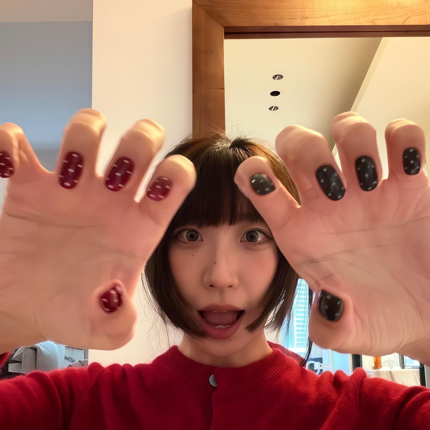 手工定制穿戴甲美甲片秋冬氛围感黑红波点辣妹显白中长款美甲贴片