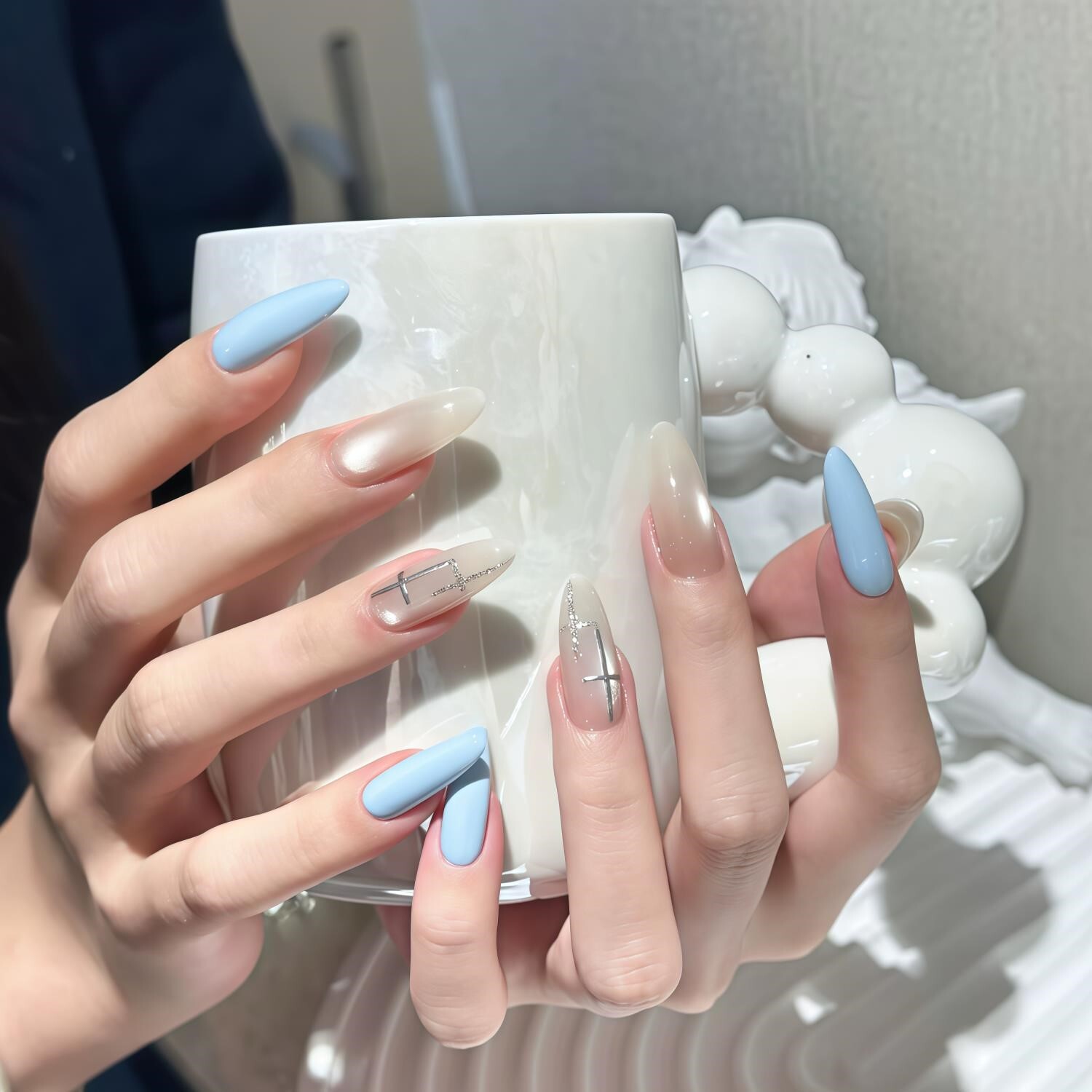 高端手工穿戴甲美甲春夏新款水光猫眼蓝色高级感显白新娘拍婚纱