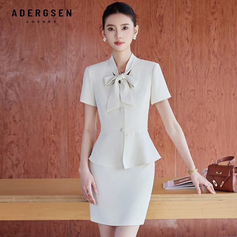 ADERGSEN职业西装套装女轻熟短袖优雅风蝴蝶结收腰时尚气质通勤装