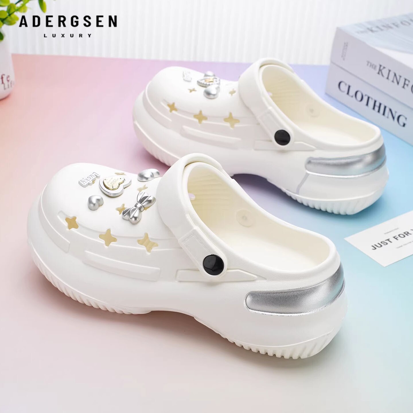 ADERGSEN甜美风圆头星星装饰洞洞鞋女厚底增高包头拖防滑外穿拖鞋