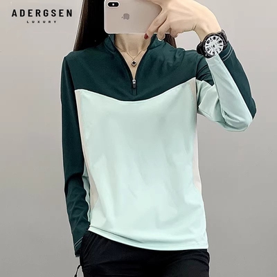 ADERGSEN立领长袖拼色T恤女春秋新款速干透气弹力半拉链运动上衣