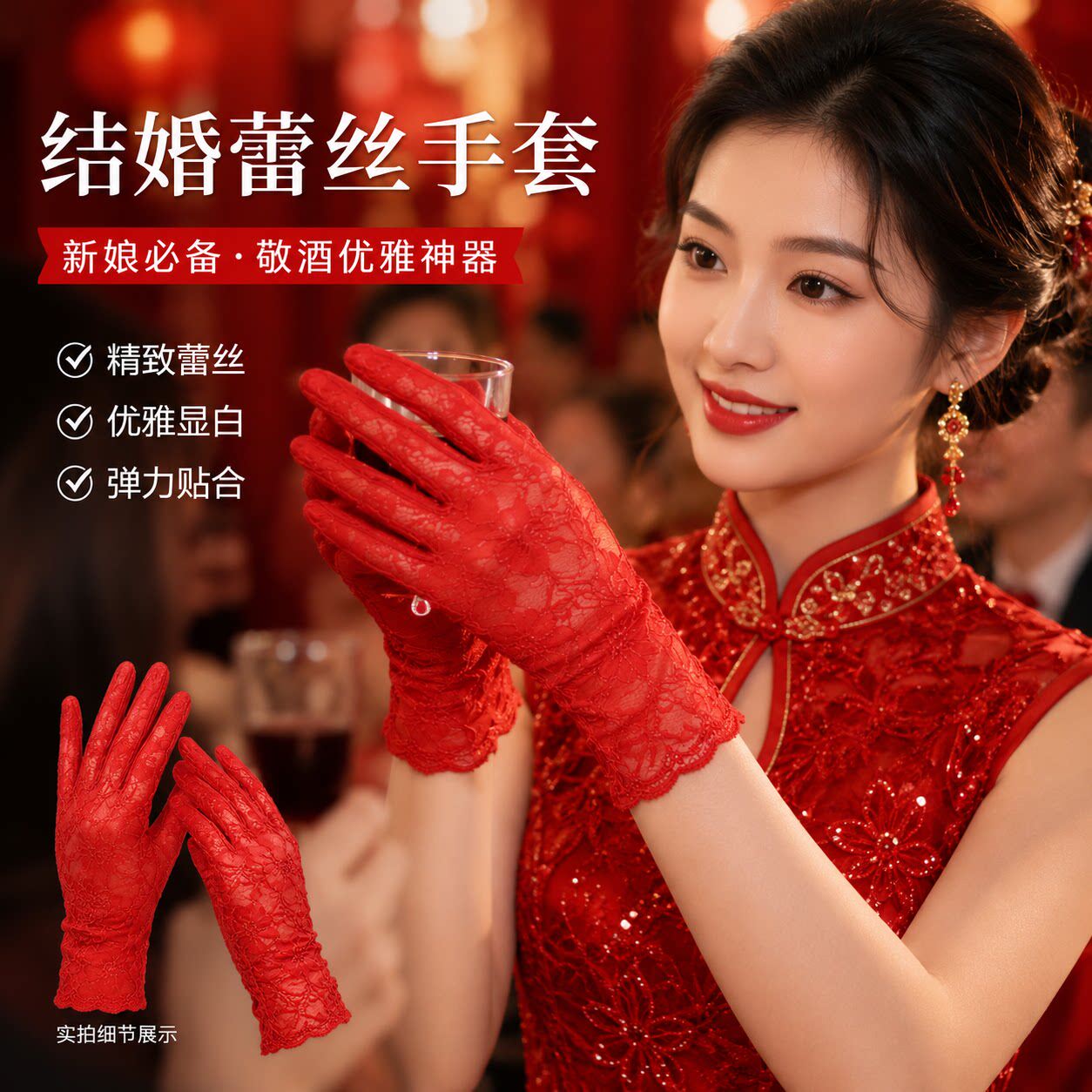 结婚手套红色短款花边中