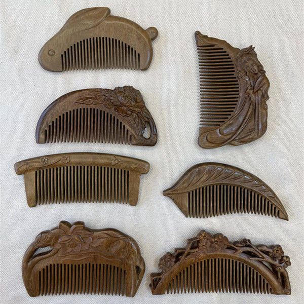 古仙金丝绿檀天然实木 古风雕刻按摩木梳子 文创礼品旅游