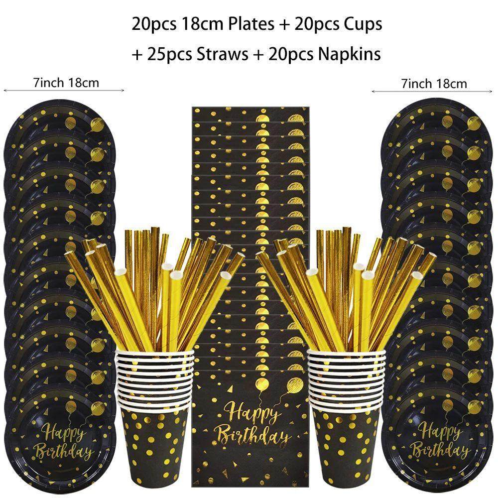 Black Gold Birthday Disposable Tableware Set Paper Plates Cu