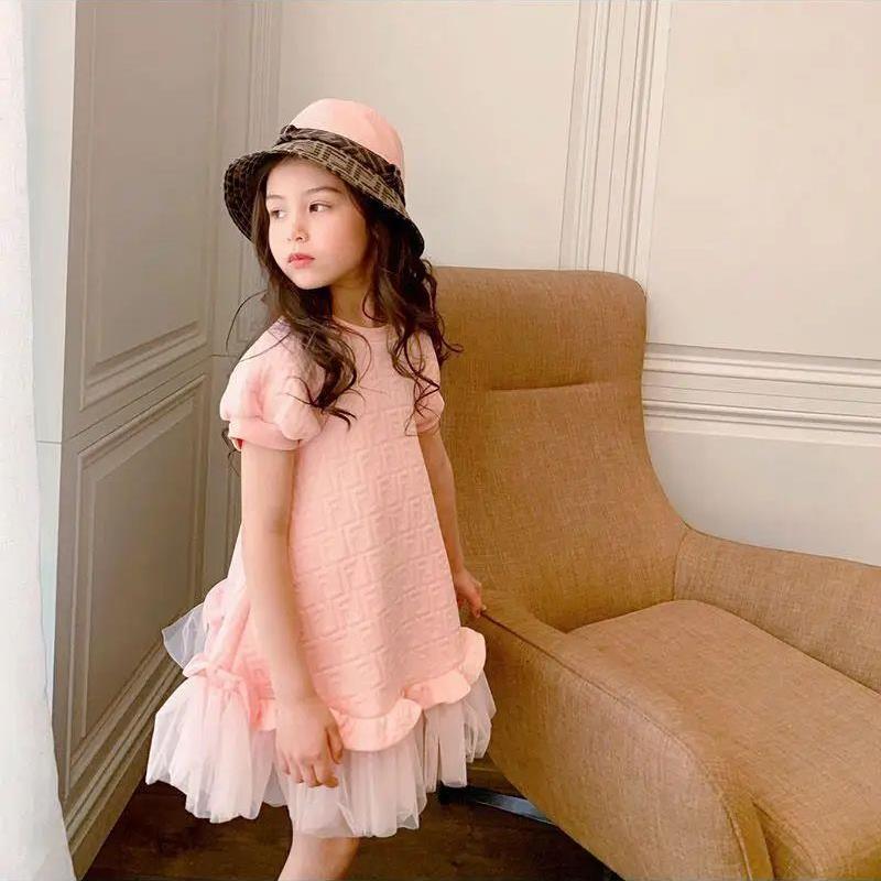 Spring Summer Girls Dress Fashion 2-9Y Children Pink Long Dr