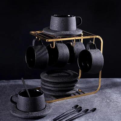 Black Matte Coffee Cup Set Ceramic Cups with Spoon & Holder
