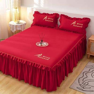 2023新款床裙床笠纯棉床单单件结婚红色床罩款带裙边的二合一网红