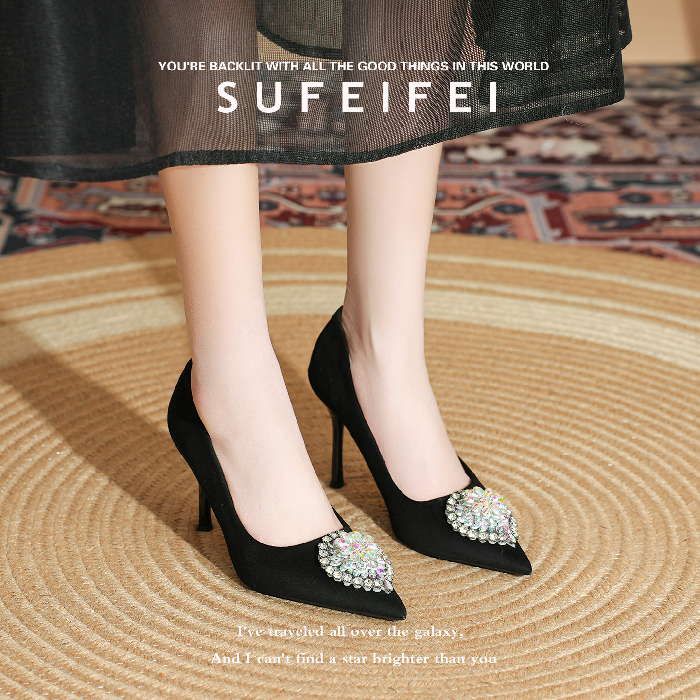 苏妃妃2026新款绒面性感约会高跟鞋女细跟方扣水钻御姐不累脚单鞋