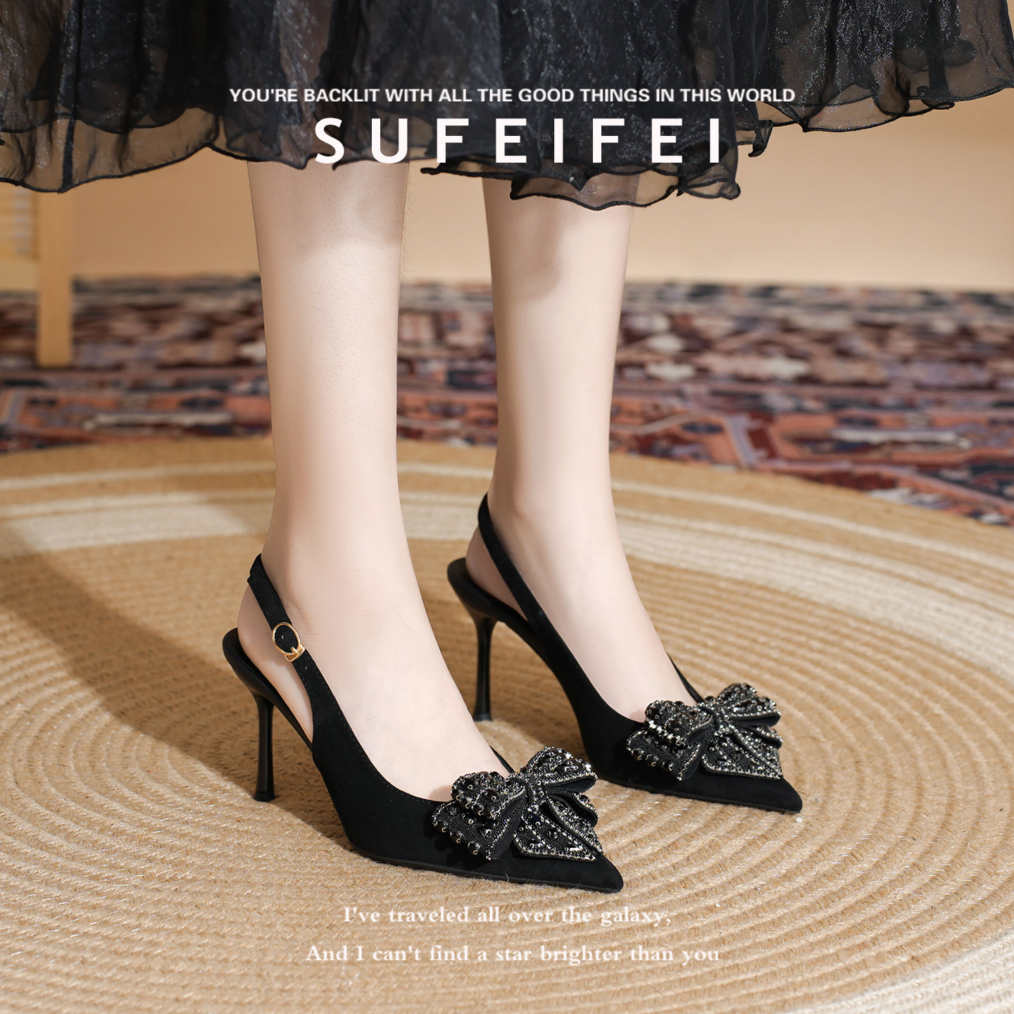 苏妃妃春新款蝴蝶结绝美高跟鞋女细跟气质高级不累脚包头后空凉鞋