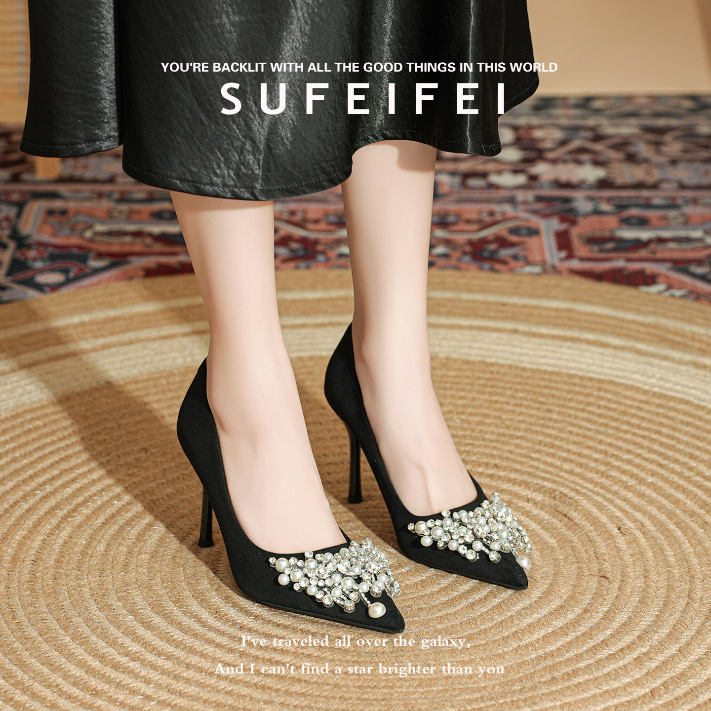 苏妃妃高级感高跟鞋【羊皮版~】黑色尖头水钻细跟气质不累脚