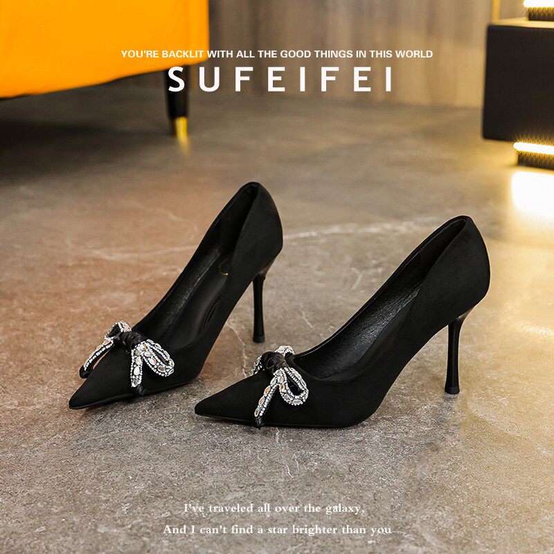 苏妃妃新款黑色性感尖头细跟气质百搭蝴蝶结高跟鞋浅礼服鞋不累脚
