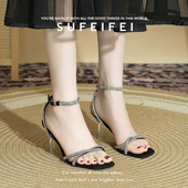 露趾凉鞋 苏妃妃夏季 女细跟一字带扣水钻百搭外穿时尚 高跟鞋 新款