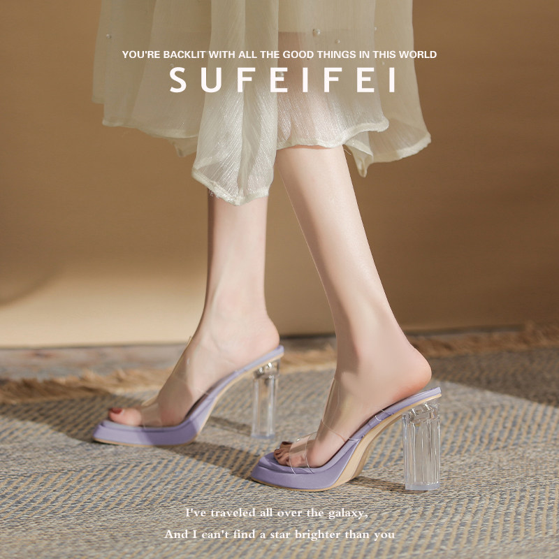 苏妃妃夏季新款高跟鞋女粗跟方头透明水晶跟外穿防水台露趾凉拖鞋