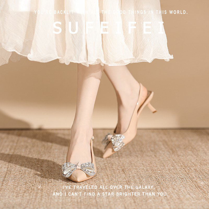 苏妃妃鞋子配裙子尖头气质蝴蝶结高跟鞋女细跟单鞋包头后空凉鞋女