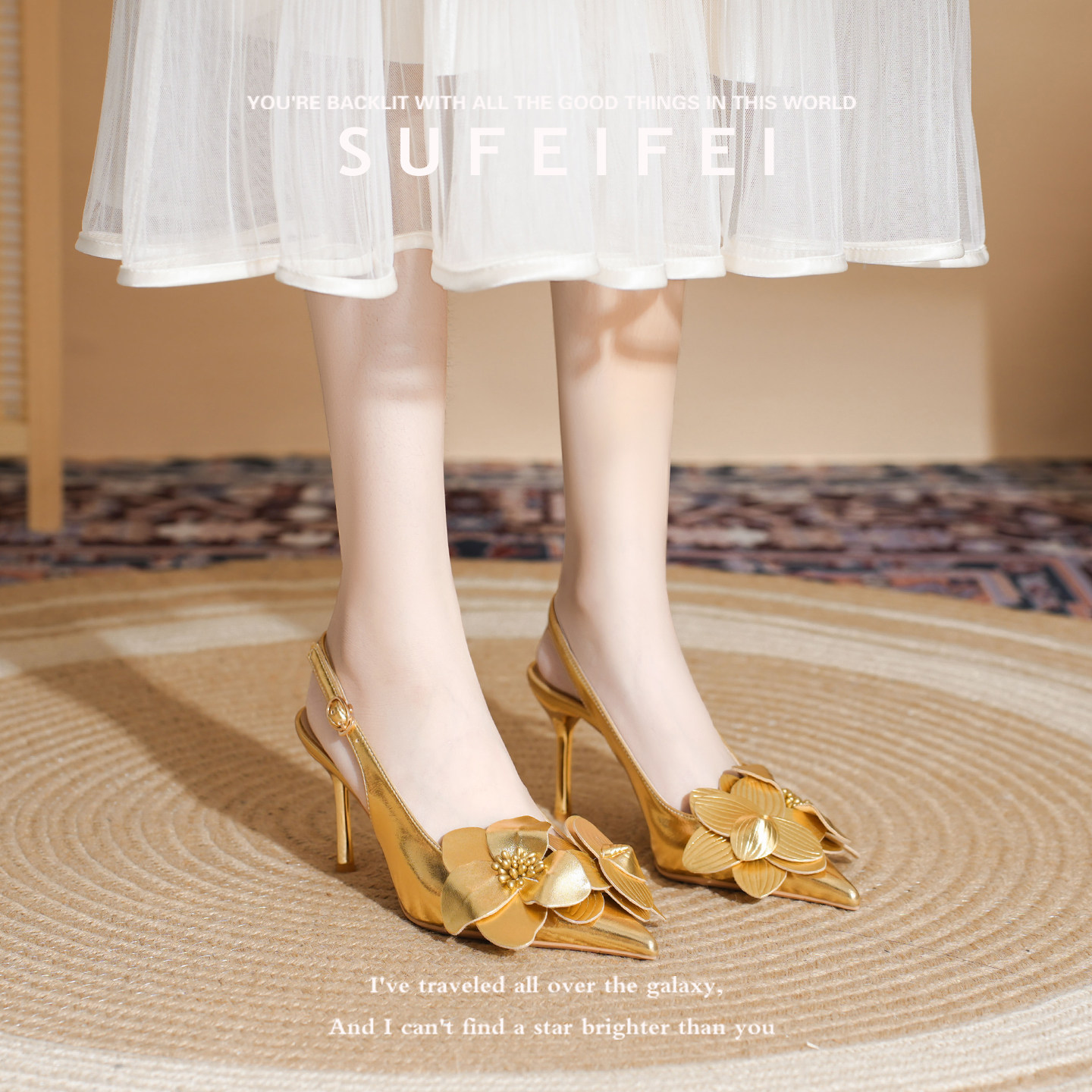 苏妃妃春夏季新款绝美高跟鞋女细跟时尚玫瑰花外穿后空包头凉鞋