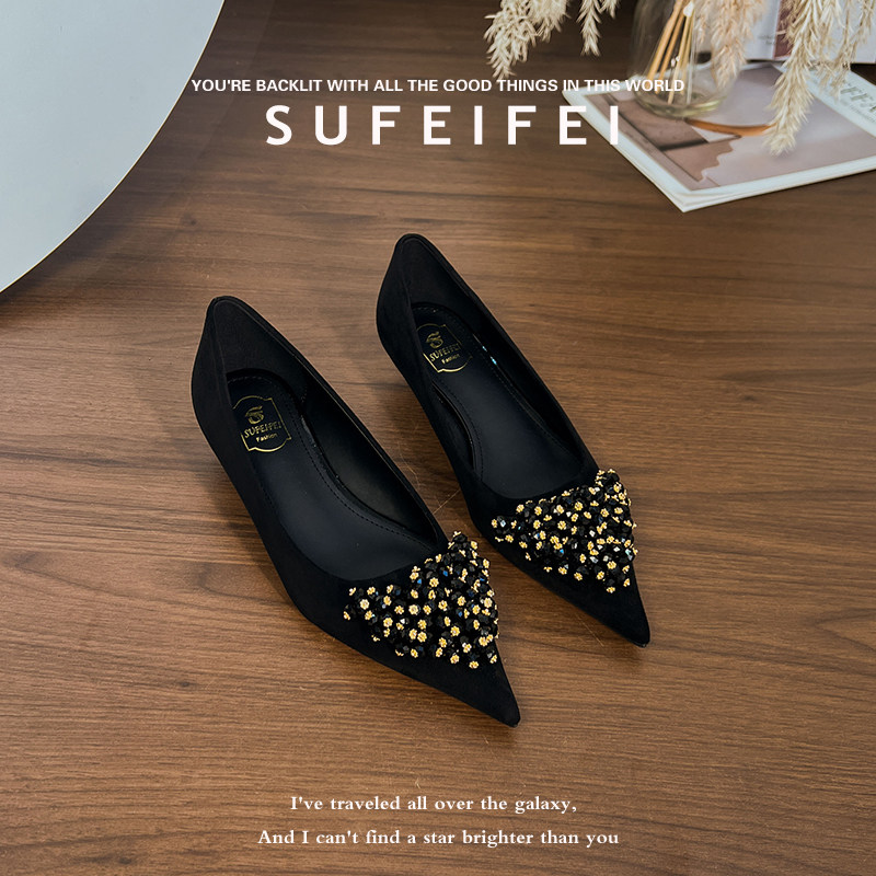 苏妃妃春夏季新款水钻尖头高跟鞋女细跟黑色浅口气质高级不累脚