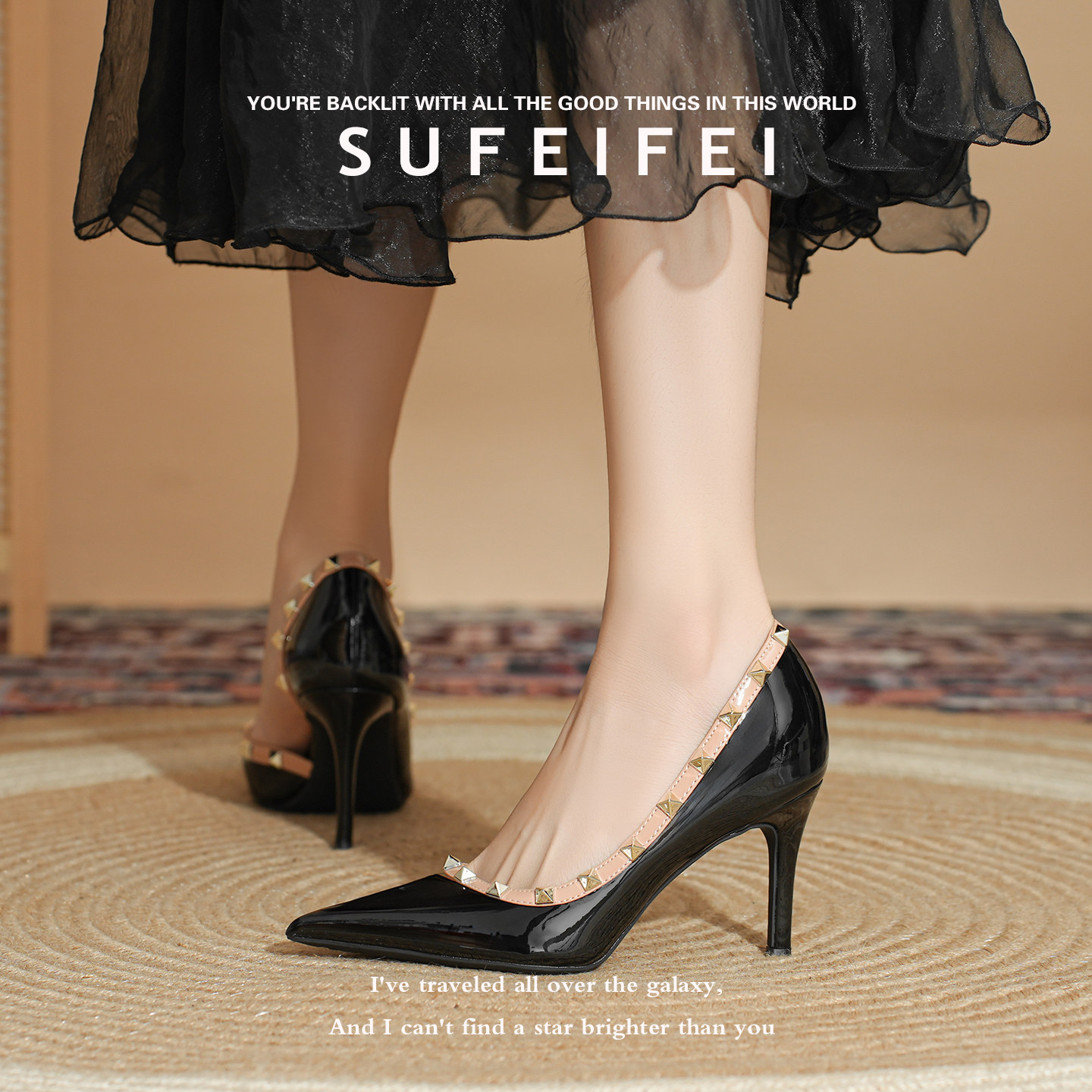 羊皮版~2026新款漆皮黑色铆钉浅口高跟鞋女法式小众设计高级感鞋