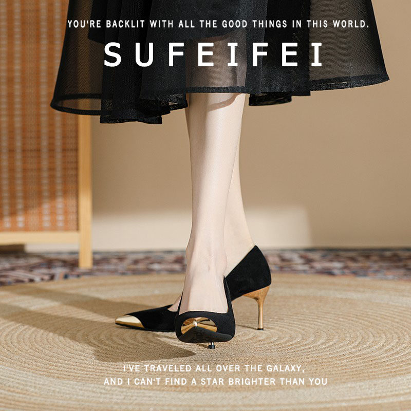 羊皮版~苏妃妃绝美黑色小个子高跟鞋女细跟气质高级不累脚职业鞋