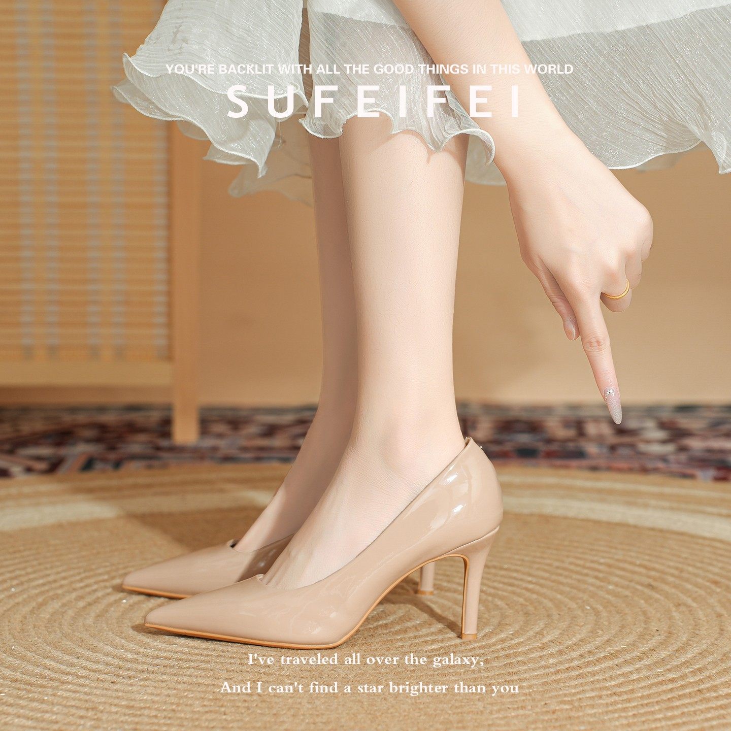 羊皮版~苏妃妃裸色白色红底高跟鞋女细跟气质高级不累脚尖头单鞋