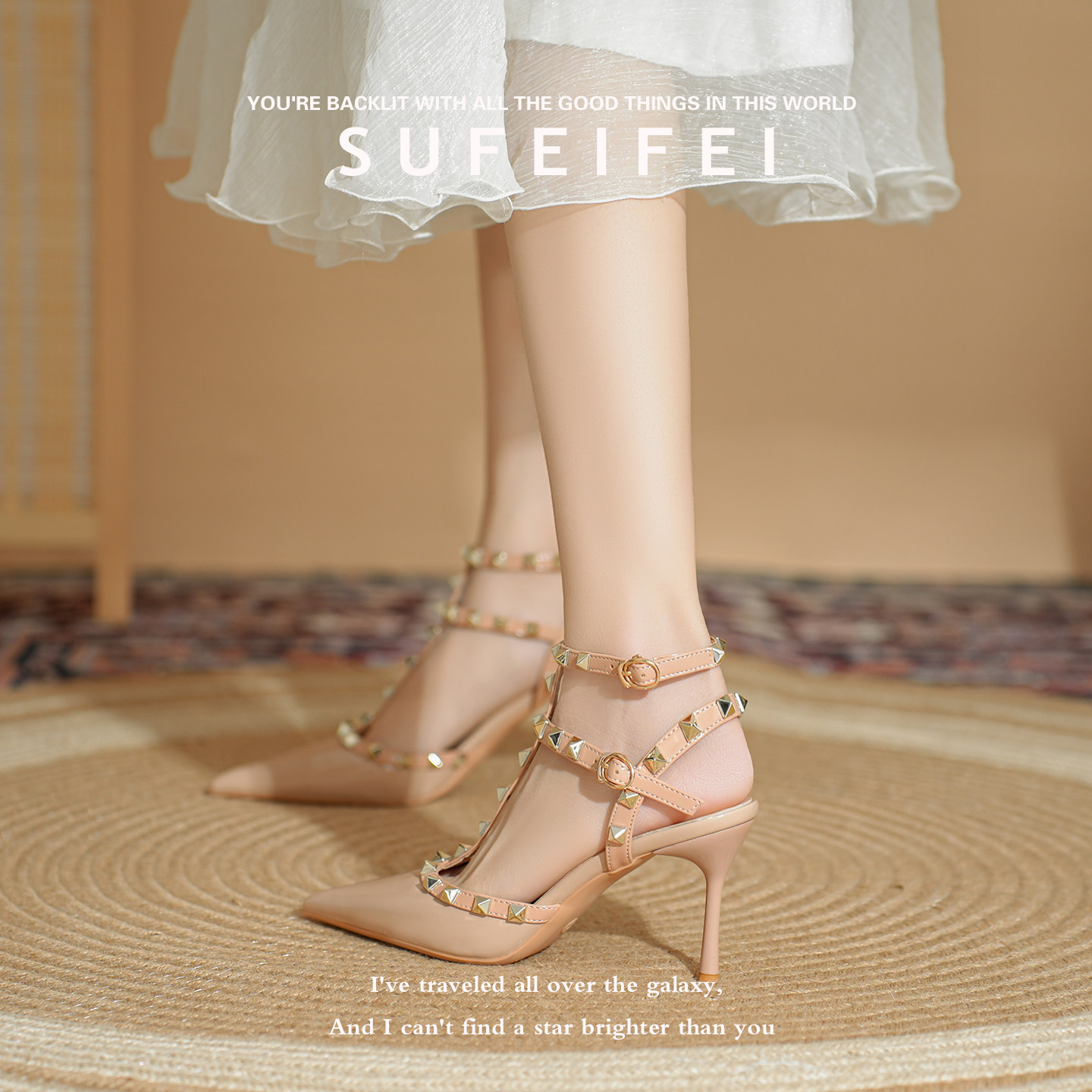 羊皮版~苏妃妃法式性感铆钉细跟包头凉鞋女一字带不累脚高跟鞋春
