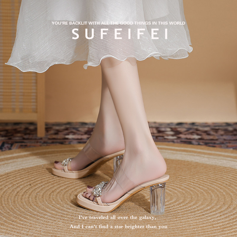 苏妃妃凉拖鞋女夏外穿新款绝美不累脚一字带露趾水晶粗跟高跟凉鞋