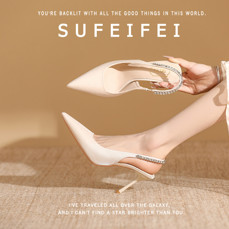 苏妃妃法式气质水钻高跟鞋细跟春夏季新款黑色一字带包头凉鞋女