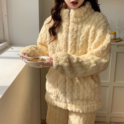 睡衣冬季女款珊瑚绒加厚纯色大码秋冬天毛绒家居服拉链套装可外穿