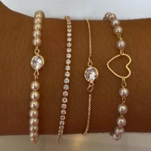 Bracelet set 4 pieces镶嵌水钻镂空桃心手錬珍珠满钻手錬套装4件