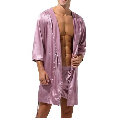 Men Bathrobe Pajamas Nightgown Hooded Loose Satin Silk Sleep