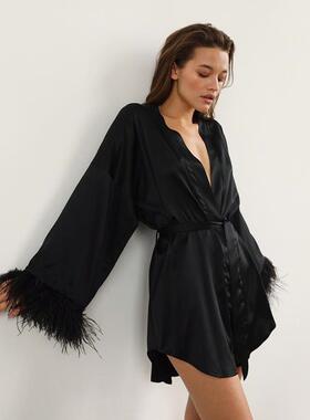 Feather Bathrobes Satin Sexy Mini Dress Long Sleeve Loose Pe
