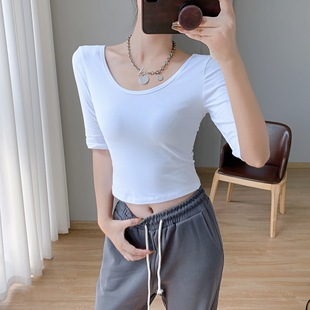 洋气上衣内搭紧身五分袖 黑色双U领T恤女夏修身 打底衫 新款 中袖