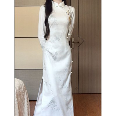 抹茶2025年秋季新款蓝色新中式长袖旗袍女复古改良日常可穿裙子