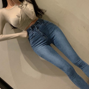 弹力小脚铅笔裤 韩国东大门两粒扣紧身高腰显瘦提臀牛仔裤 女士修身
