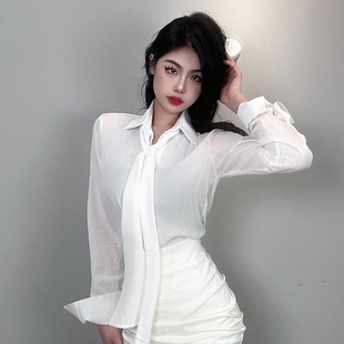 实拍韩国东大门温柔性感纯欲女人味飘带微透百搭长袖 上衣女潮 衬衫