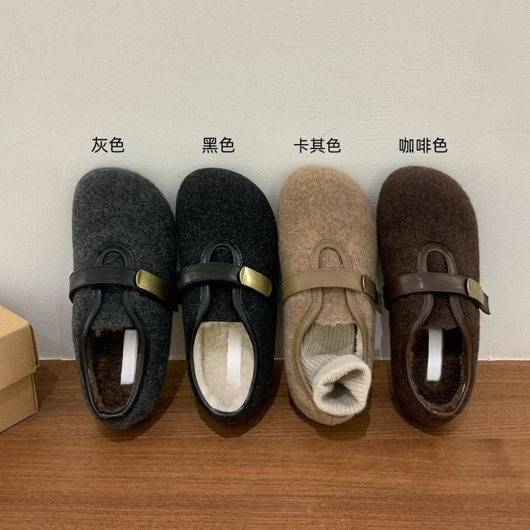 加棉保暖毛呢勃肯鞋女2025年秋冬新款灰色棉鞋平底玛丽珍毛毛鞋子