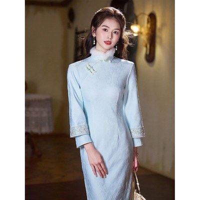 蓝色改良加绒新中式旗袍2